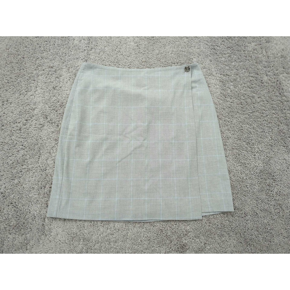 Calvin Klein A-line Skirt Womens 12 Gray Plaid Faux Wrap Stretch‎ Lined Mini